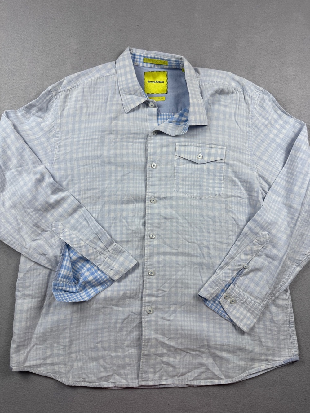 Tommy Bahama Shirt Mens XLX Blue Plaid Island Modern Fit Reverse Print Casual